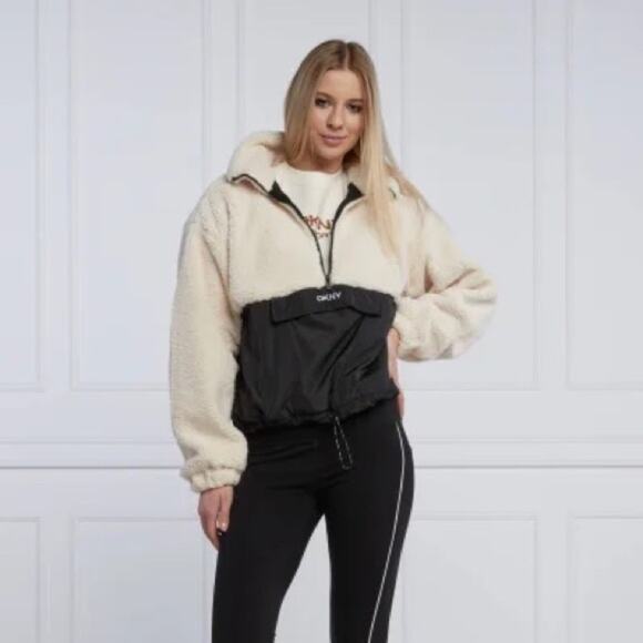 DKNY Sherpa Fleece Half Zip Jacket Cream Black Colorblock Pullover Cozy Sz XL - Picture 1 of 13